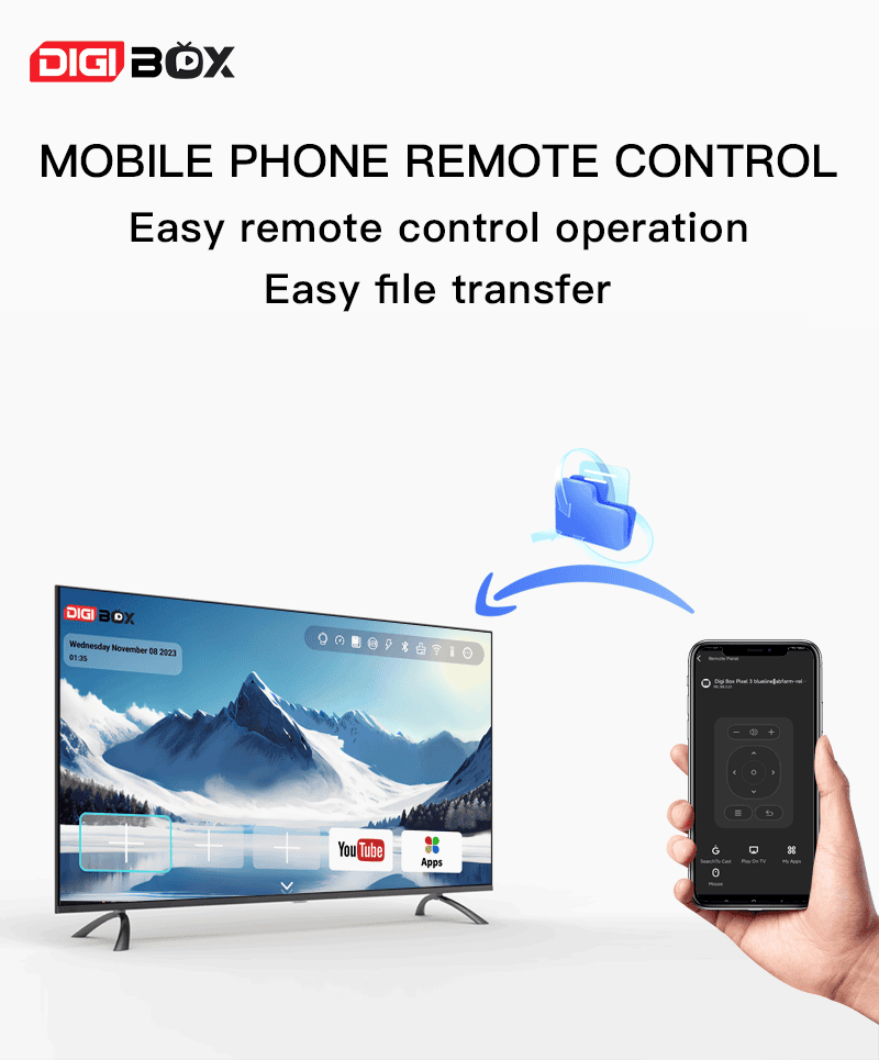 Digibox D3 Plus remote app on phone: Easy file transfer and convenient remote-control navigation.