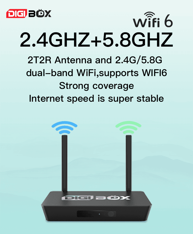 Digibox is equipped with 2T2R antenna and 2.4G/5.8G dual-band Wi-Fi, supporting WlFl6 strong coverage and ultra-stable network speed.