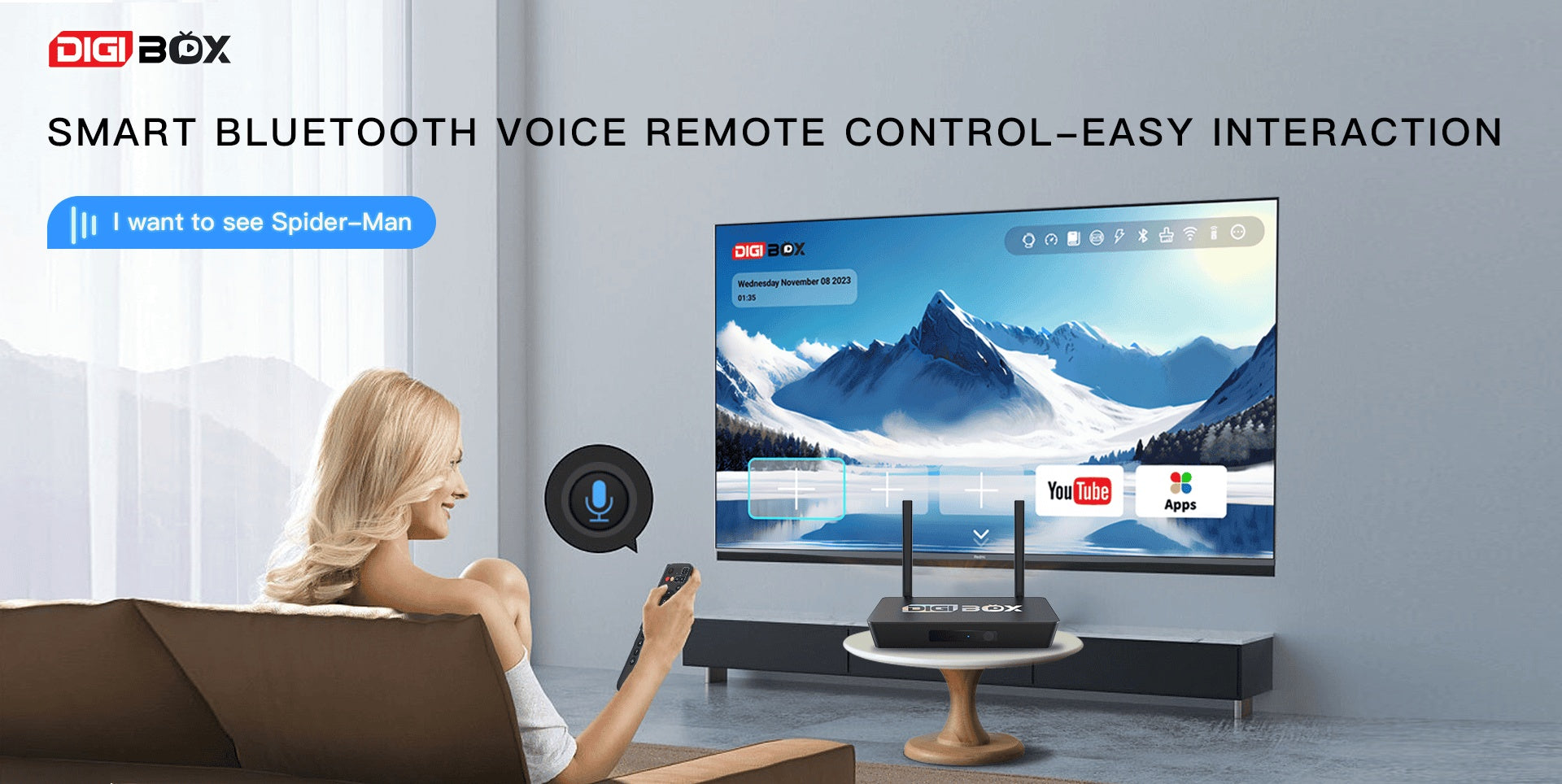 Experience Spider-Man on DIGIBOX with smart voice remote, a relaxing couch session.