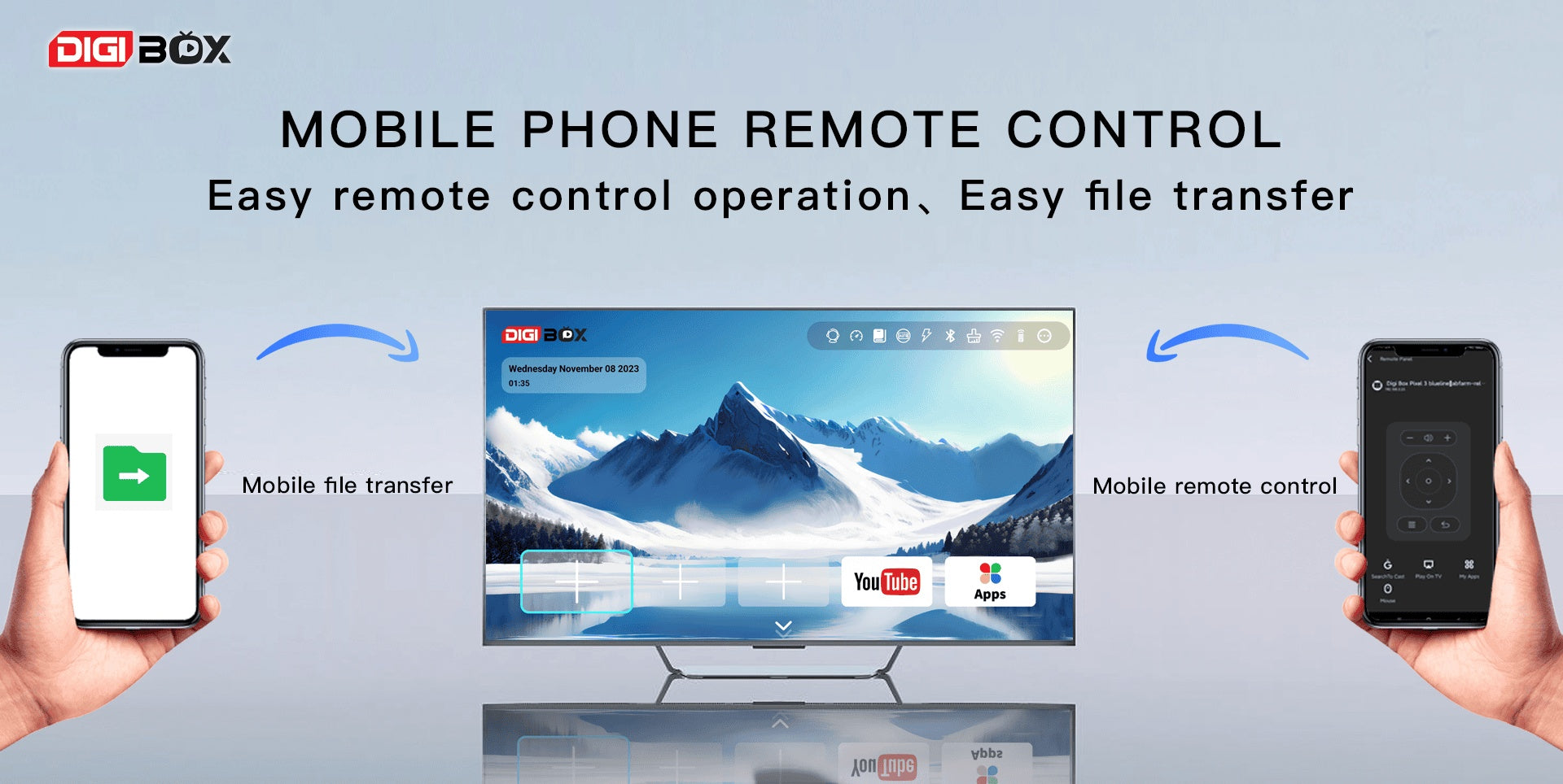 DIGIBOX allows you to easily control it with your mobile phone, transfer files and operate it easily.