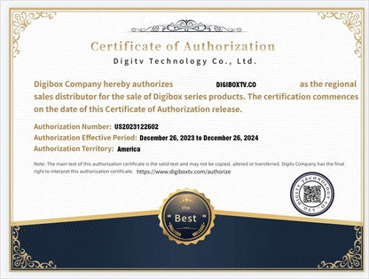 This is a certificate of authorization, which indicates that the website digiboxtv.co is a distributor of Digibox products.