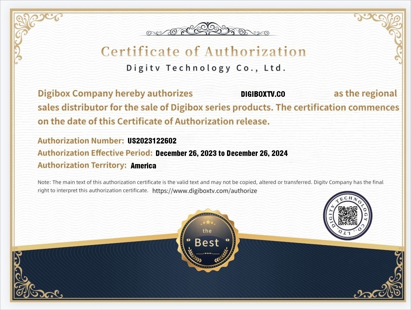 This is a certificate of authorization, which indicates that the website digiboxtv.co is a distributor of Digibox products.